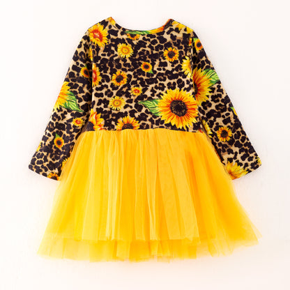 Girls Fall Sunflower Leopard Print Yellow Tulle Long Sleeves Dress