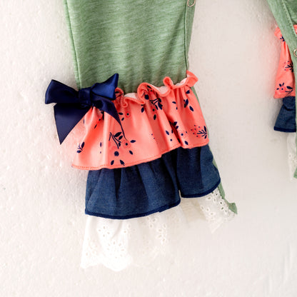 Baby Girl Ruffle Romper with Hedgehog Embroidery and Lace Detail