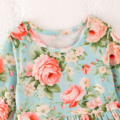 Girls Fall Autumn Blue Floral Coral Ruffled Long Sleeves Dress