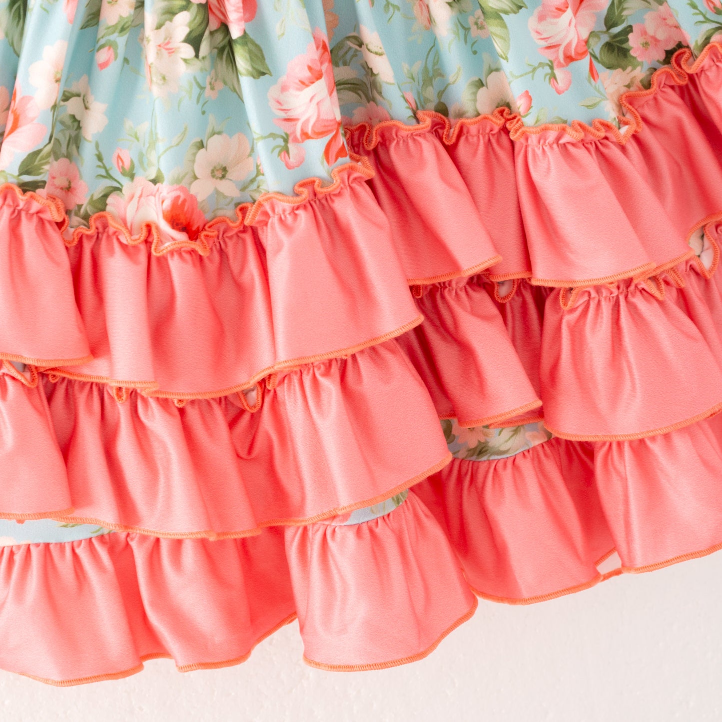 Girls Fall Autumn Blue Floral Coral Ruffled Long Sleeves Dress