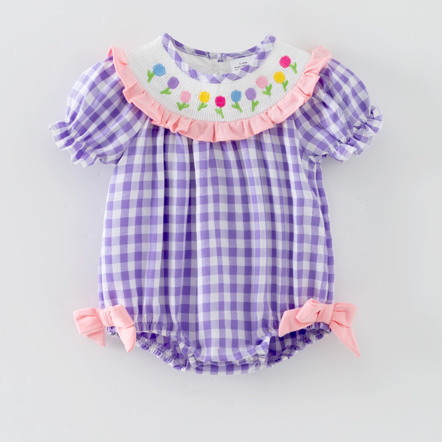 Spring Lavender Plaid Flower Embroidery Smock Dress