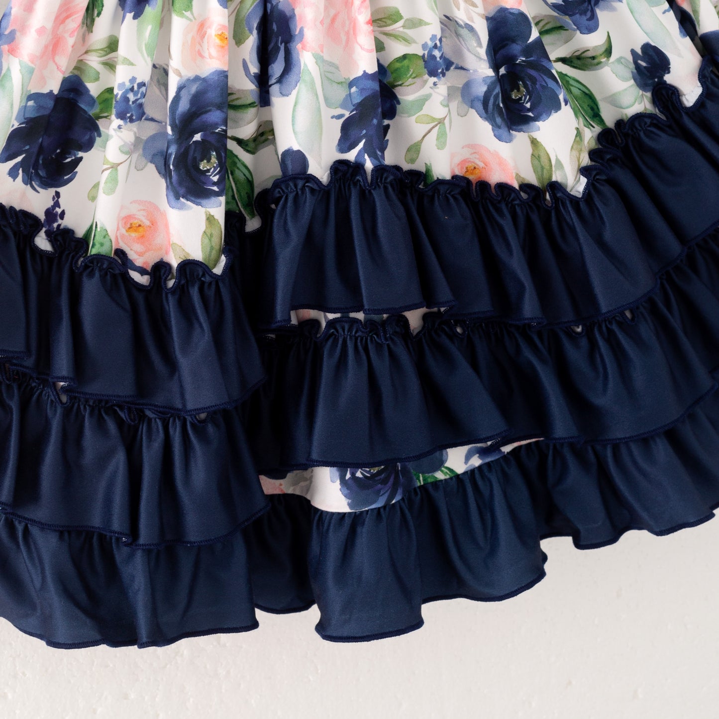 Girls Fall Autumn Pink Floral Navy Ruffled Long Sleeves Dress