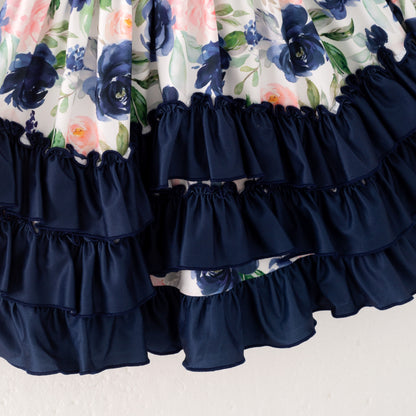 Girls Fall Autumn Pink Floral Navy Ruffled Long Sleeves Dress