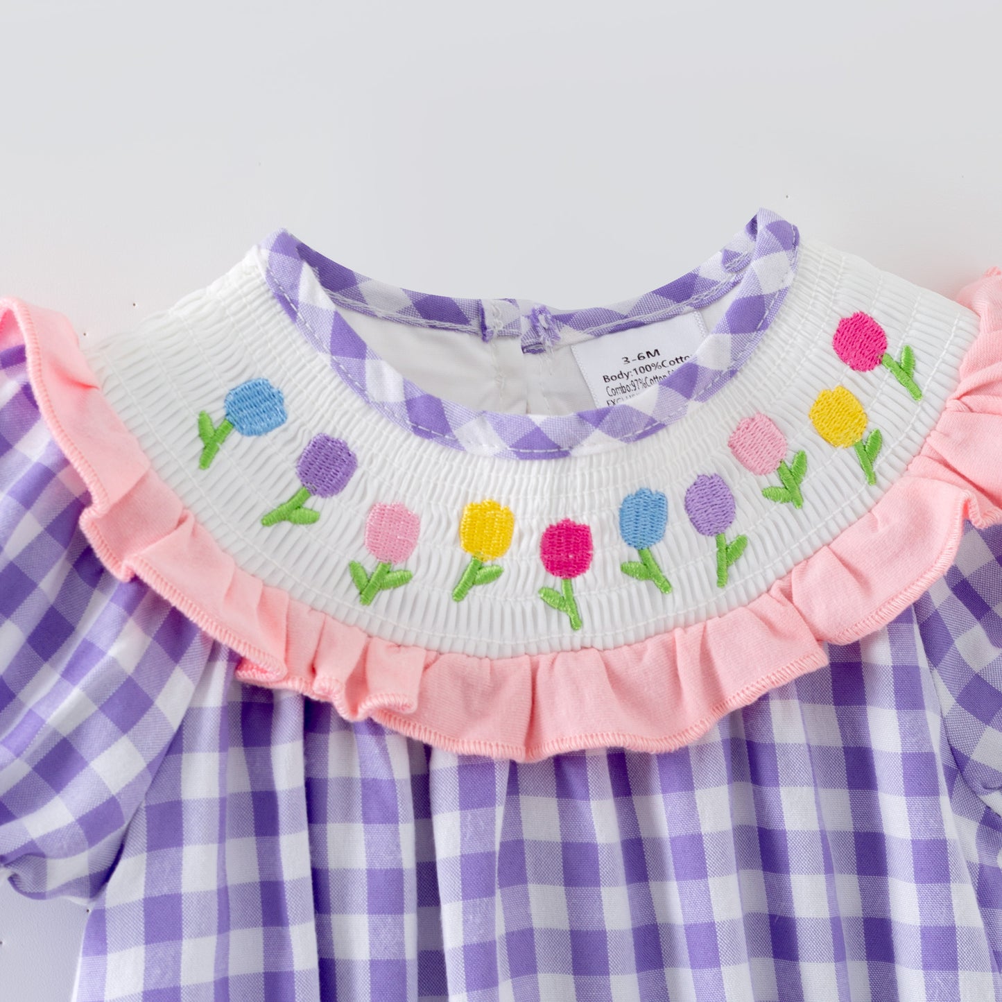 Spring Lavender Plaid Flower Embroidery Smock Dress
