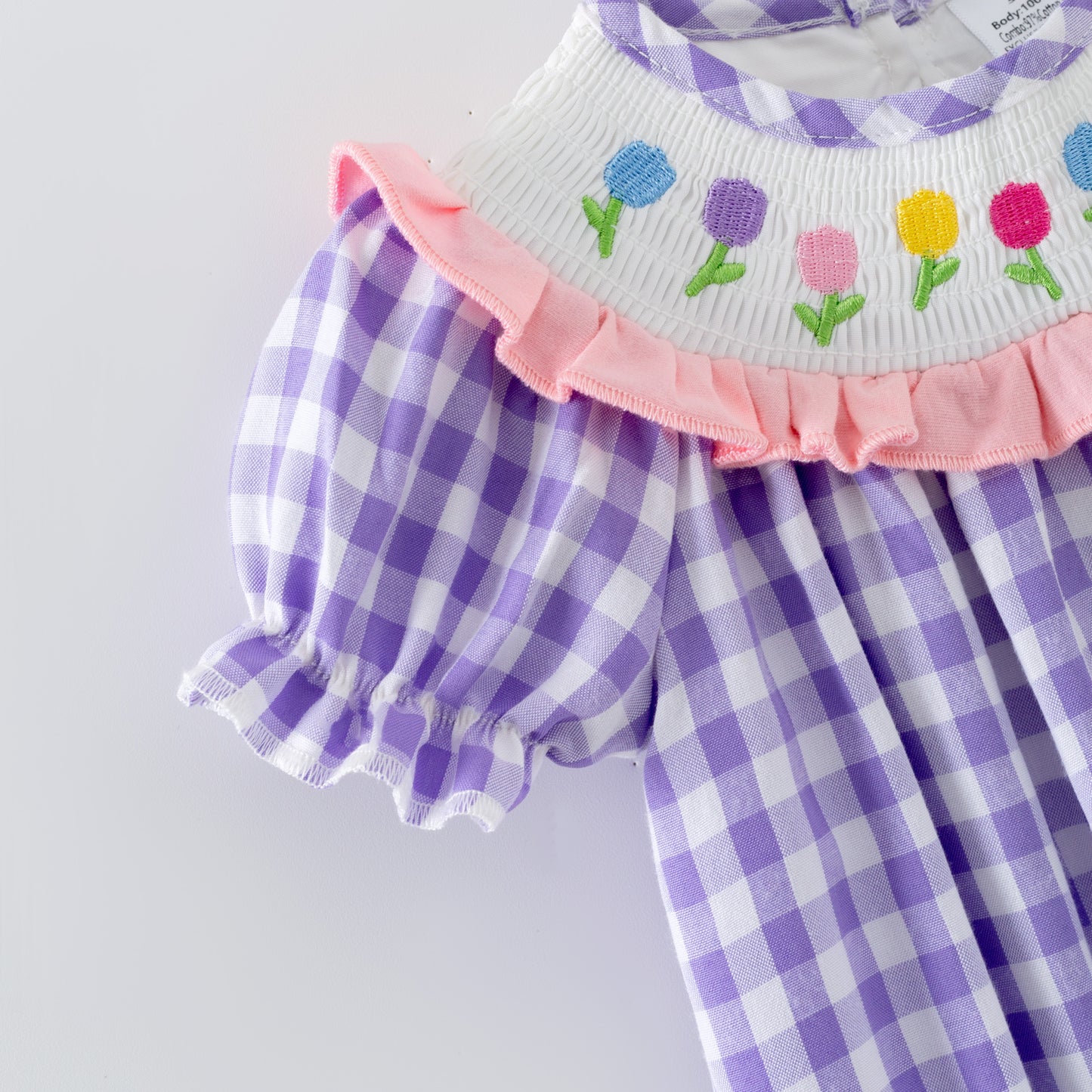 Spring Lavender Plaid Flower Embroidery Smock Dress