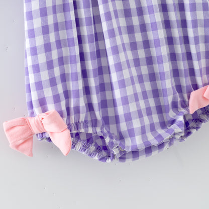 Spring Lavender Plaid Flower Embroidery Smock Dress