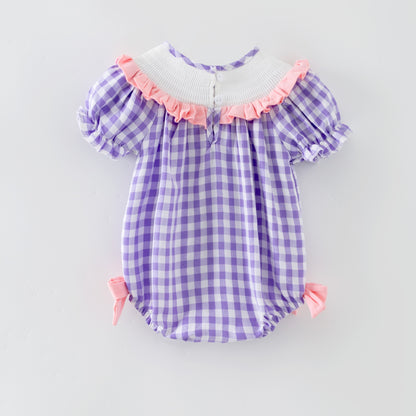 Spring Lavender Plaid Flower Embroidery Smock Dress