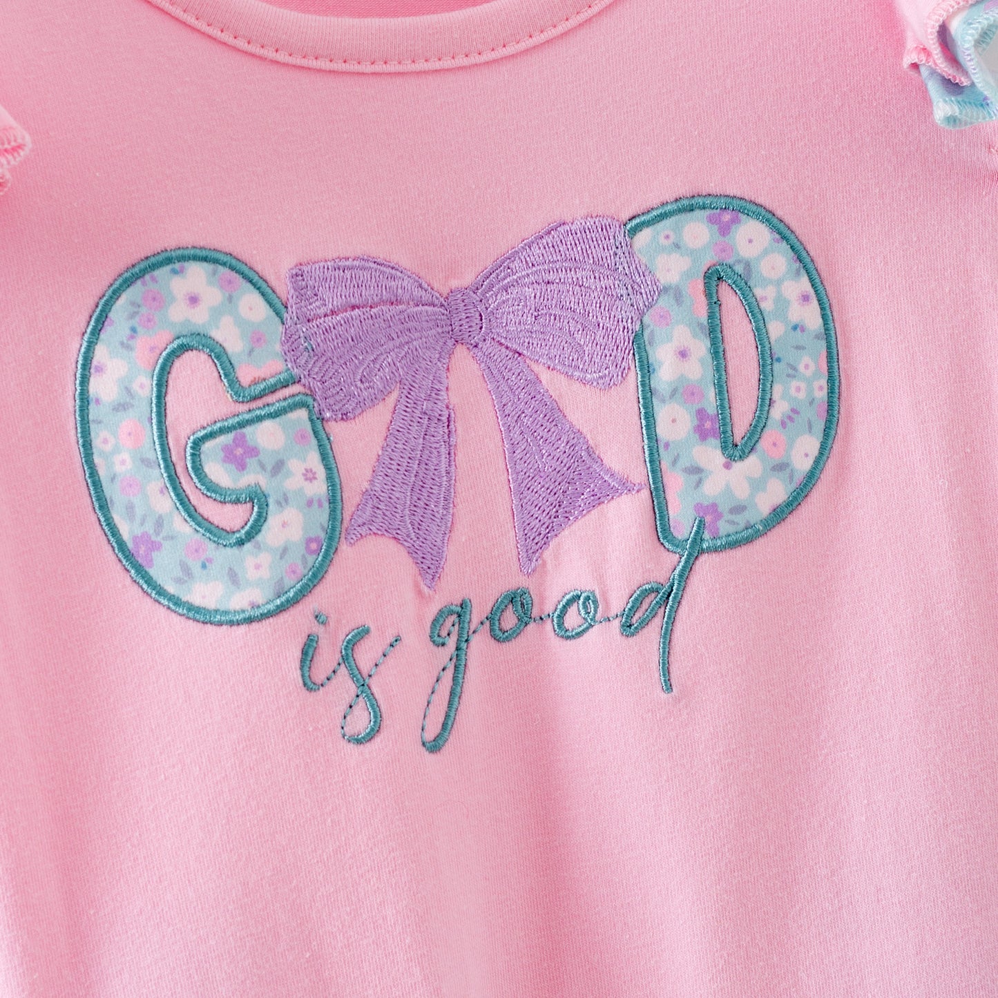 Spring Pink GOD IS GOOD Flower Embroidery Kidswear
