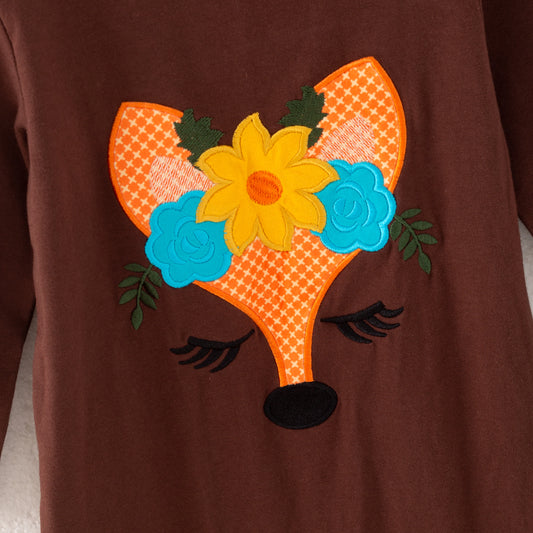 Baby Girls Fall Fox Embroidery Brown Romper