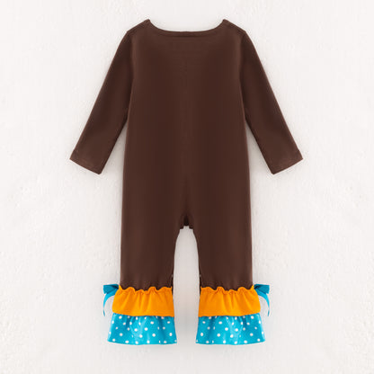 Baby Girls Fall Fox Embroidery Brown Romper
