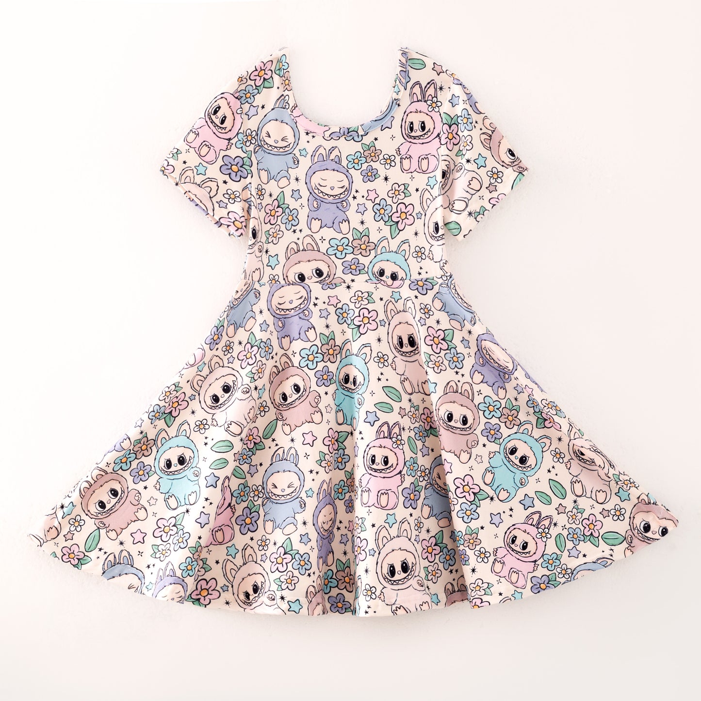 Girls Summer Cute Labubu Cartoon Flower Print Twirl Dress