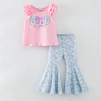 Spring Pink GOD IS GOOD Flower Embroidery Kidswear