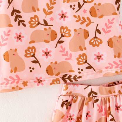Girls Summer Fall Animal Floral Print Slip Top Skirt Set