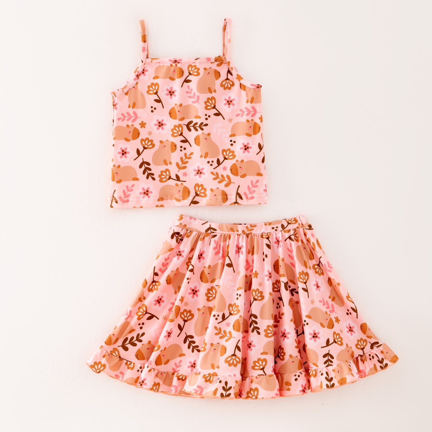 Girls Summer Fall Animal Floral Print Slip Top Skirt Set