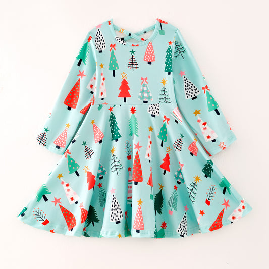 Girls Christmas Tree Long Sleeves Twirl Dress