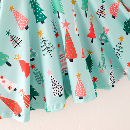 Girls Christmas Tree Long Sleeves Twirl Dress