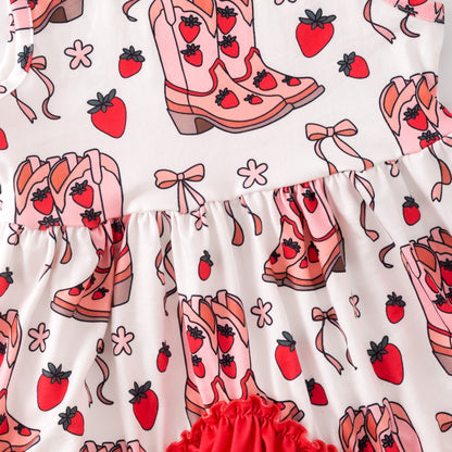 Girls Summer Strawberry Boot Red Ruffled Dress