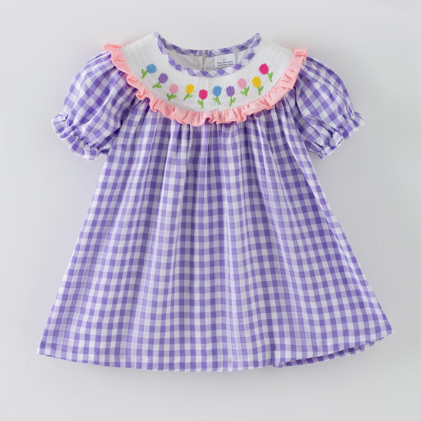 Spring Lavender Plaid Flower Embroidery Smock Dress