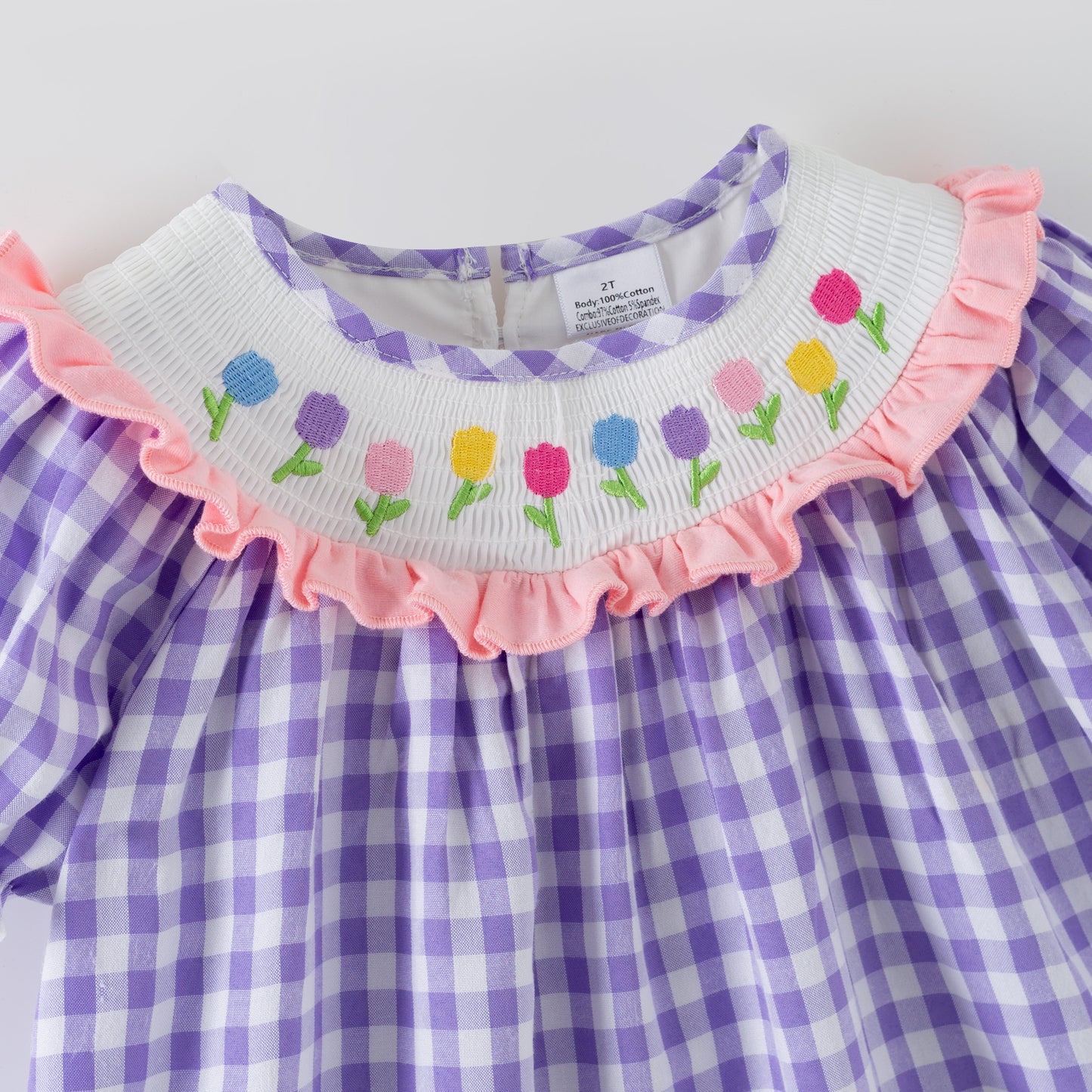 Spring Lavender Plaid Flower Embroidery Smock Dress