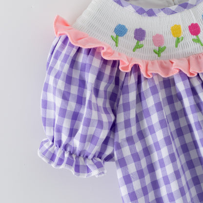 Spring Lavender Plaid Flower Embroidery Smock Dress