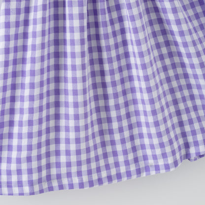 Spring Lavender Plaid Flower Embroidery Smock Dress