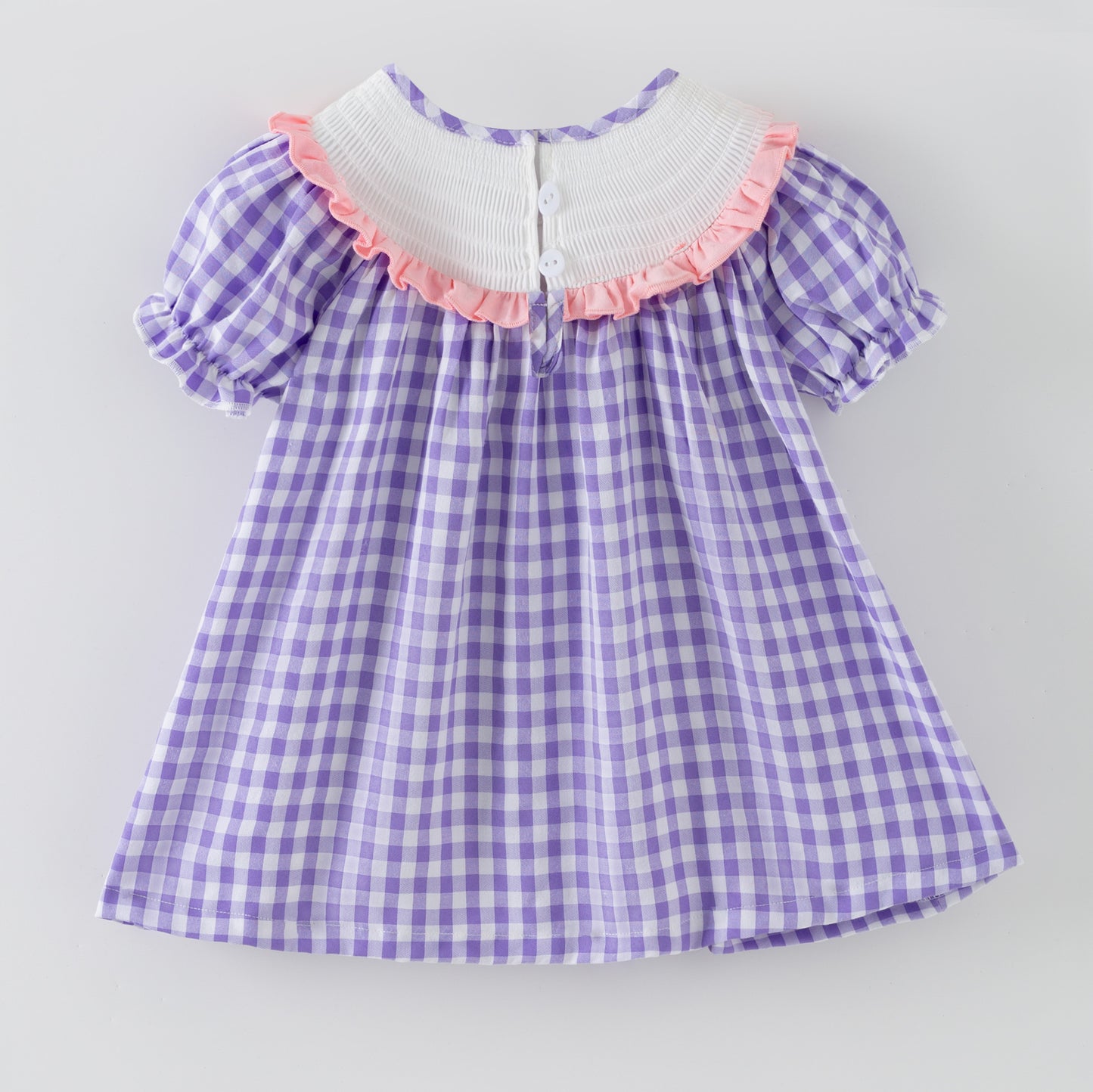 Spring Lavender Plaid Flower Embroidery Smock Dress