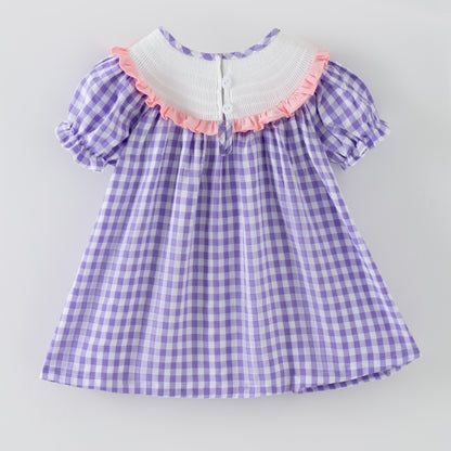 Spring Lavender Plaid Flower Embroidery Smock Dress