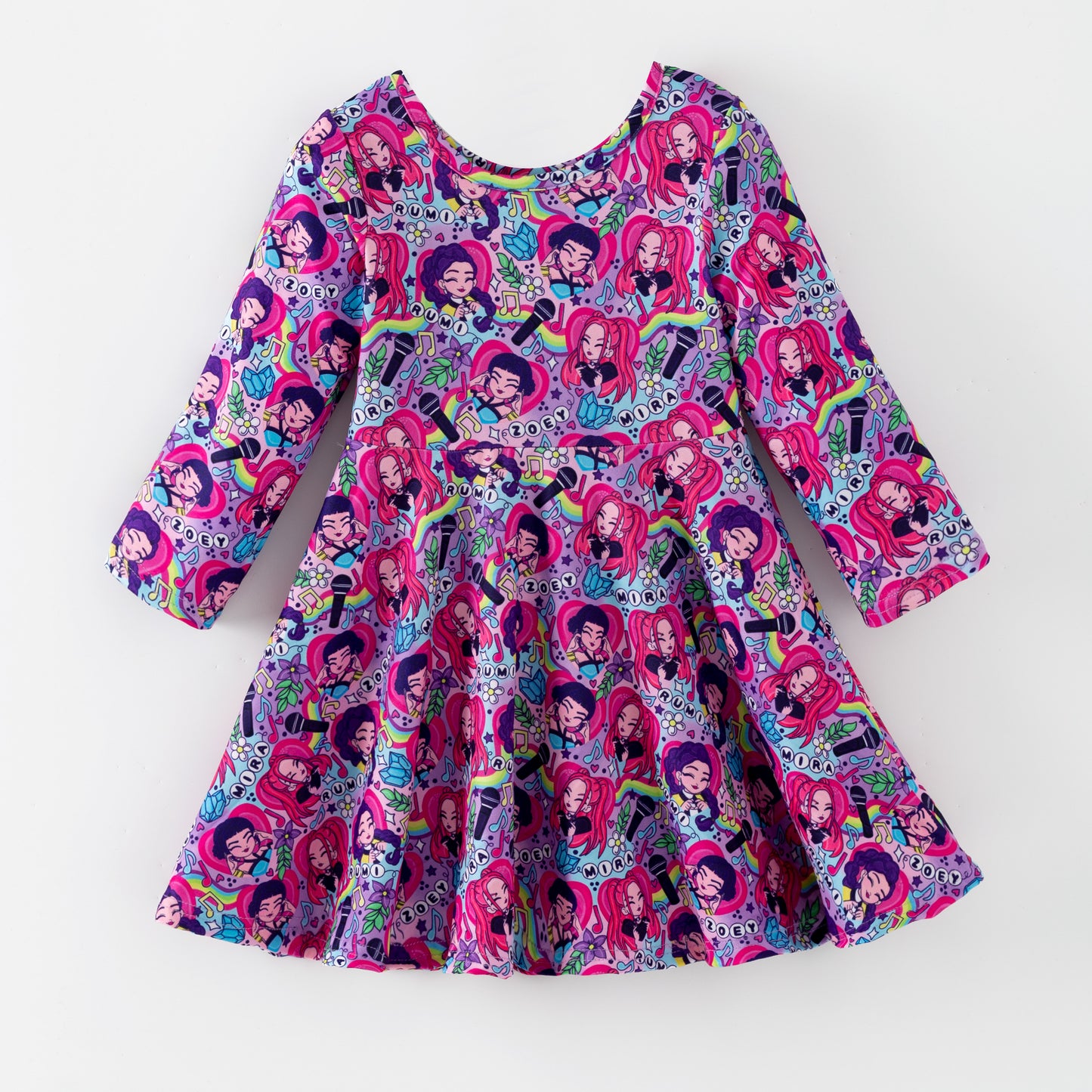 Girls Fashion Kpop Demon Hunter Print Long Sleeves Twirl Dress