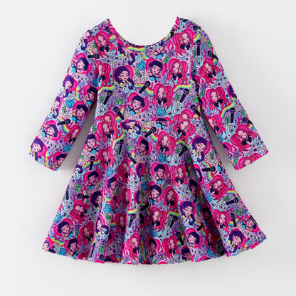 Girls Fashion Kpop Demon Hunter Print Long Sleeves Twirl Dress