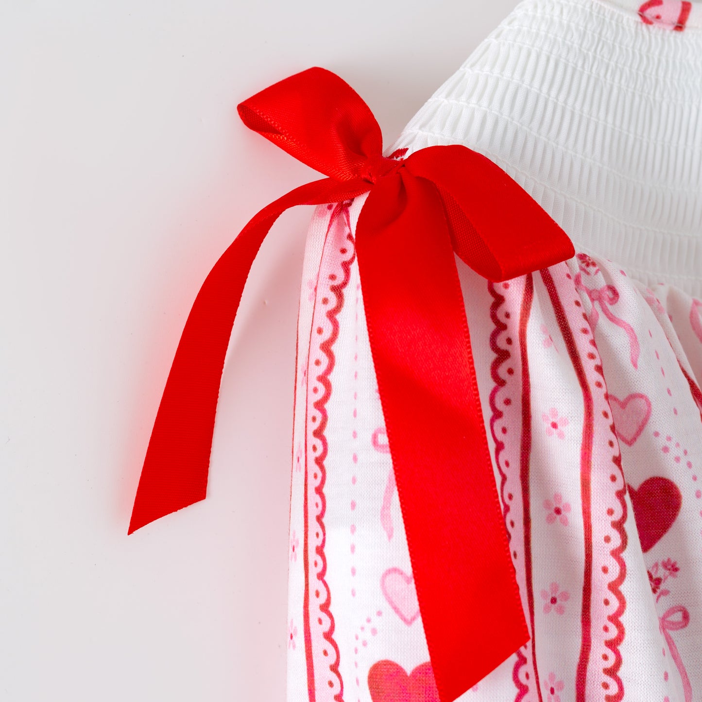 Valentine's Day Heart Bow Smock Embroidery Romper