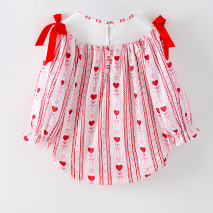 Valentine's Day Heart Bow Smock Embroidery Romper