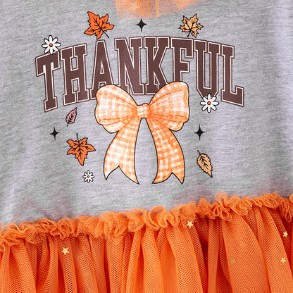 Girls Thanksgiving Gray Thankful Bow Print Orange Tulle Dress