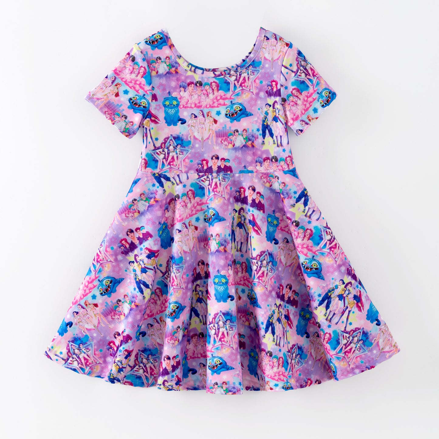 Girls Summer Kpop Demon Hunter Print Short Sleeves Twirl Dress