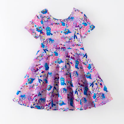 Girls Summer Kpop Demon Hunter Print Short Sleeves Twirl Dress