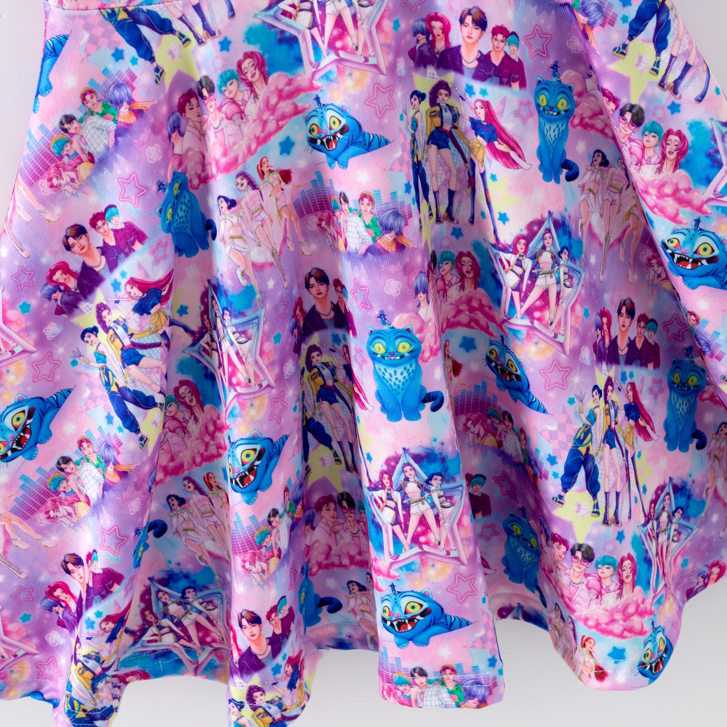 Girls Summer Kpop Demon Hunter Print Short Sleeves Twirl Dress