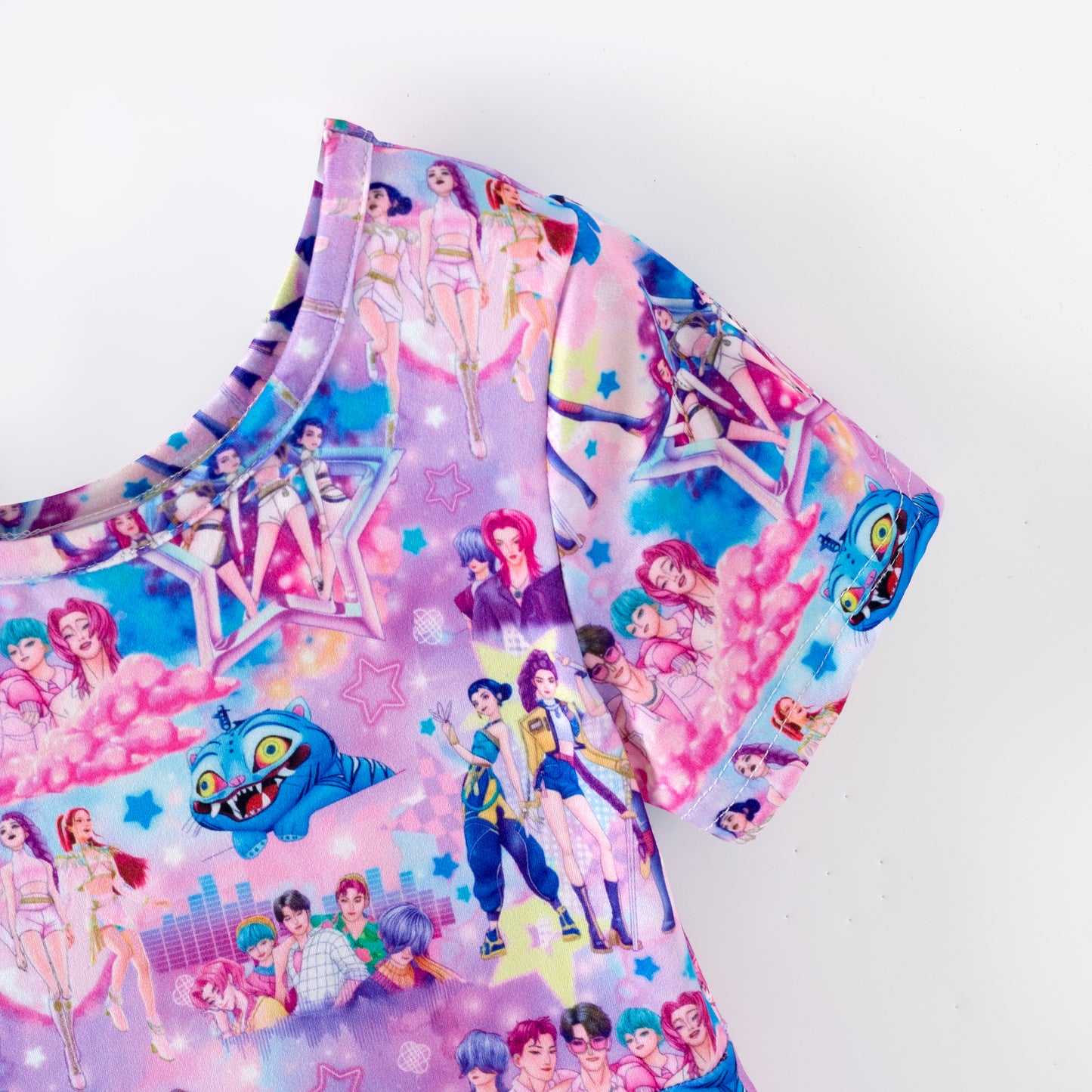 Girls Summer Kpop Demon Hunter Print Short Sleeves Twirl Dress