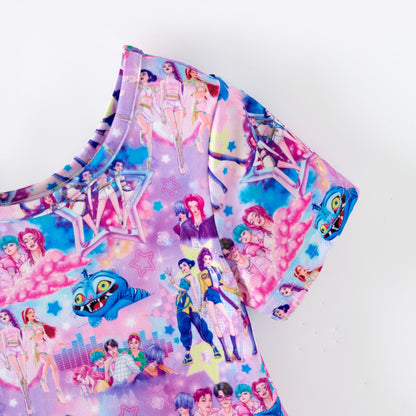 Girls Summer Kpop Demon Hunter Print Short Sleeves Twirl Dress