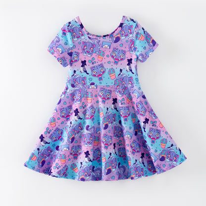 Girls Summer Kpop Demon Hunter Print Short Sleeves Twirl Dress