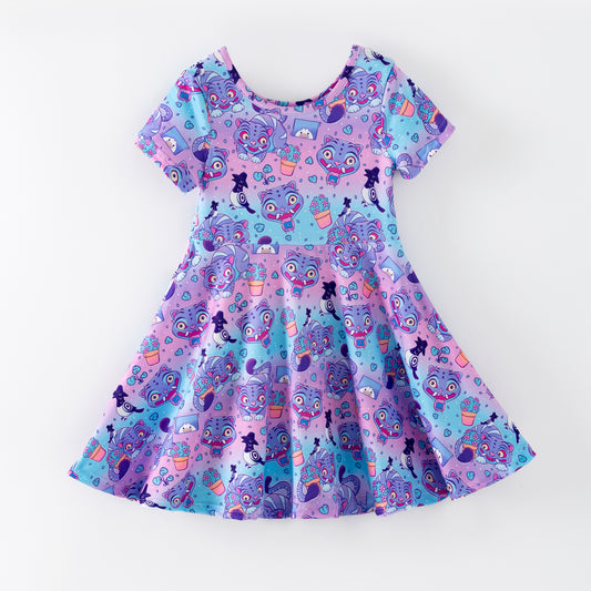 Girls Summer Kpop Demon Hunter Print Short Sleeves Twirl Dress