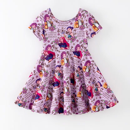 Girls Summer Kpop Demon Hunter Print Short Sleeves Twirl Dress