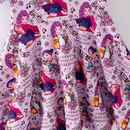 Girls Summer Kpop Demon Hunter Print Short Sleeves Twirl Dress