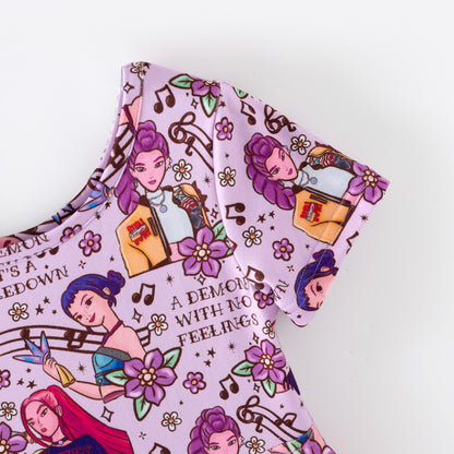 Girls Summer Kpop Demon Hunter Print Short Sleeves Twirl Dress