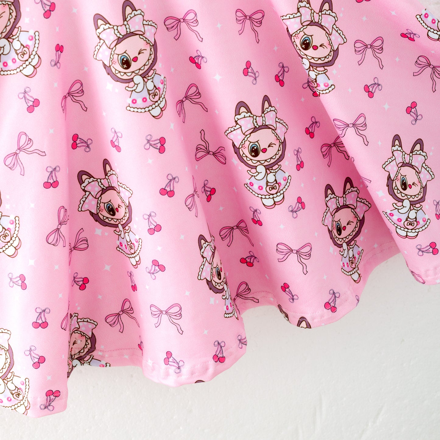 Girls Summer LABUBU Print Pink Short Sleeves Twirl Dress