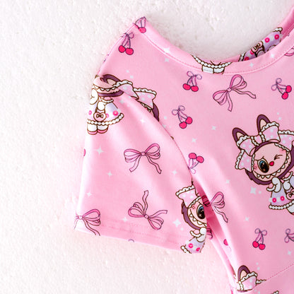 Girls Summer LABUBU Print Pink Short Sleeves Twirl Dress