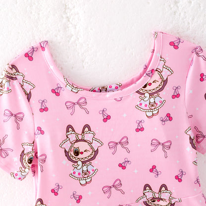 Girls Summer LABUBU Print Pink Short Sleeves Twirl Dress