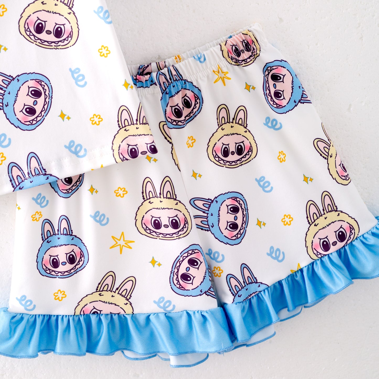 Girls Summer Labubu Print Blue Ruffled Short Pajamas Set