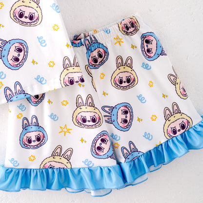 Girls Summer Labubu Print Blue Ruffled Short Pajamas Set