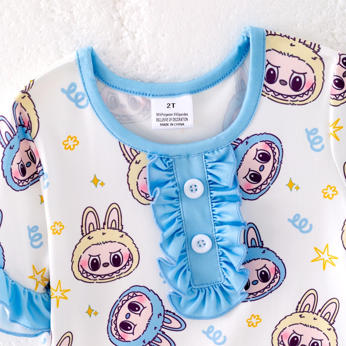 Girls Summer Labubu Print Blue Ruffled Short Pajamas Set