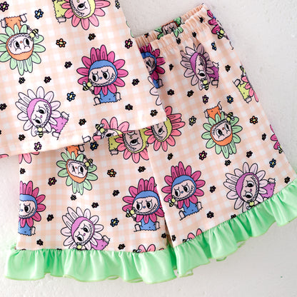 Girls Summer Labubu Print Green Ruffled Short Pajamas Set