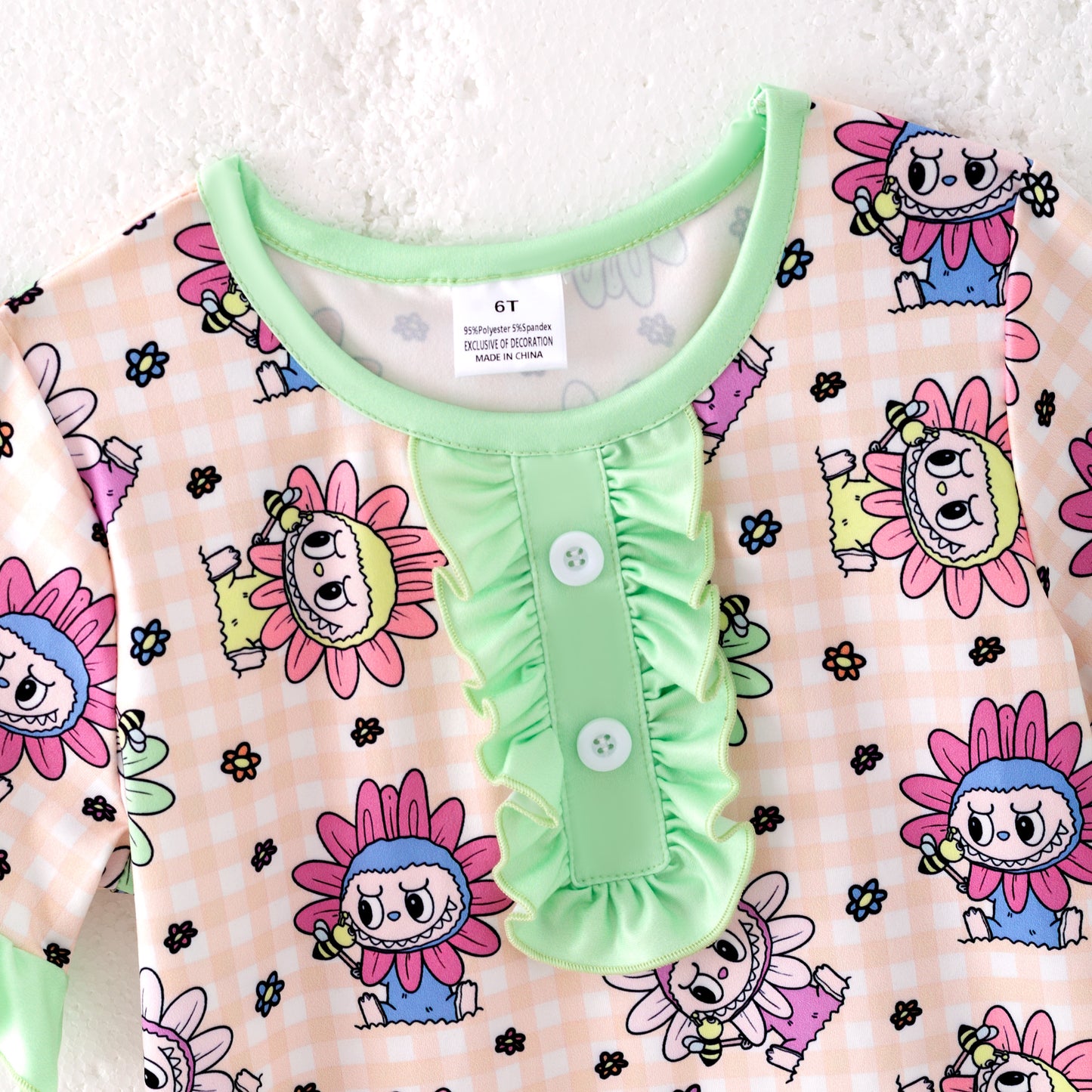 Girls Summer Labubu Print Green Ruffled Short Pajamas Set